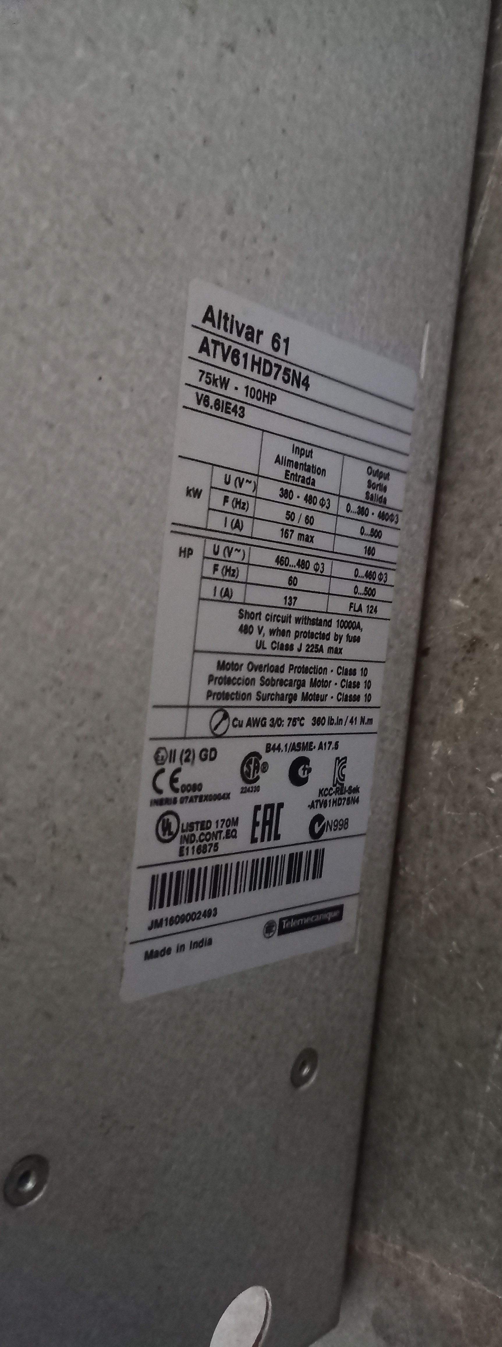 SCHNEIDER (Altivar-61) 100 HP AC DRIVE