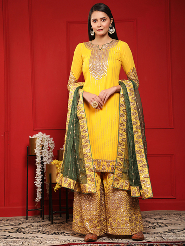 Yellow Georgette Plazzo Suit