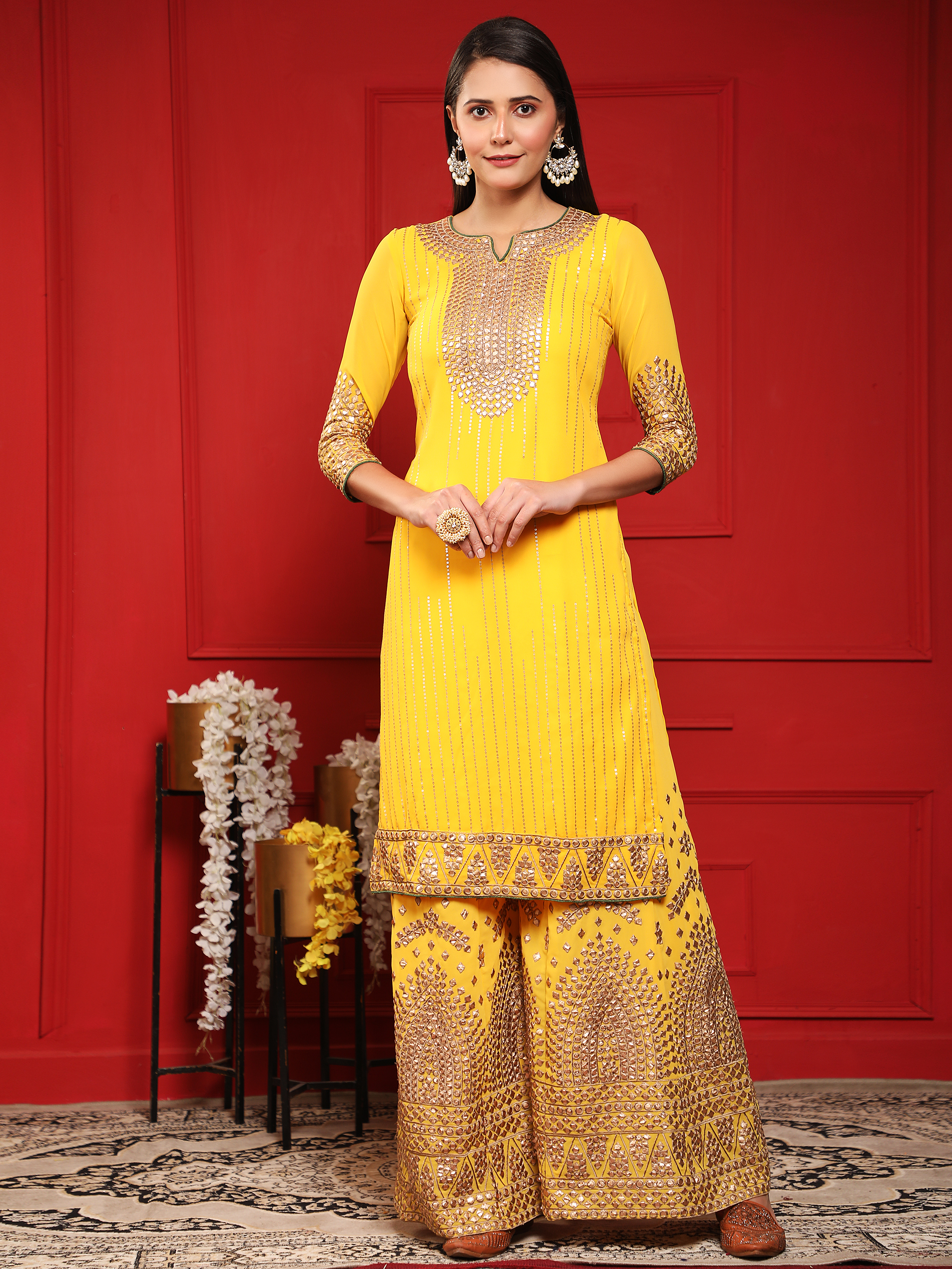 Yellow Georgette Plazzo Suit