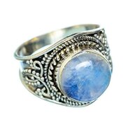 925 Sterling Silver Rainbow Moonstone Round Cabochon Statement Silver Gemstone Ring