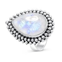 Rainbow Moonstone Pear Cabochon Beads Band Statement Silver Gemstone Ring