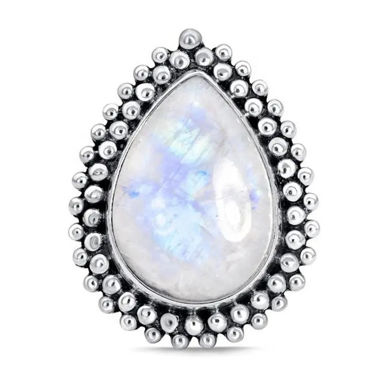 Rainbow Moonstone Pear Cabochon Beads Band Statement Silver Gemstone Ring