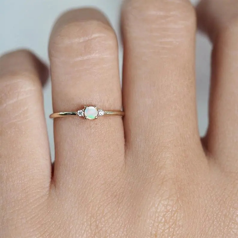 Trendy 3mm Ethiopian Opal Round Stone Classic Ring