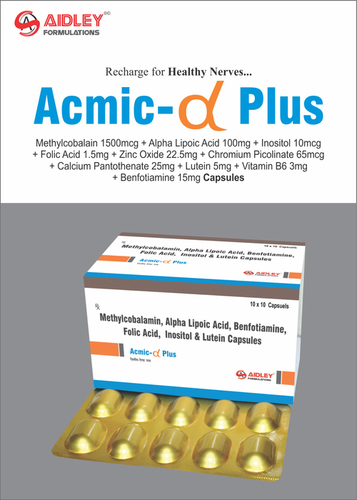 Capsule Methylcobalamin 1500 mcg +Alpha Lipoic acid USP 100mg  +Inositol 10mcg+ Folic Acid 1.5mg+Chromium 65  mcg+Calcium Pantothenate 25mg+Lutein 5mg +Vitamin B6  3mg+Benfotiamine 15 mg +Zinc 22.5mg
