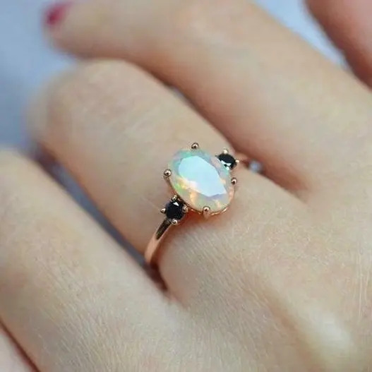 925 Sterling Silver 7x5mm White Ethiopian Fire Opal Oval Statement Stone Ring