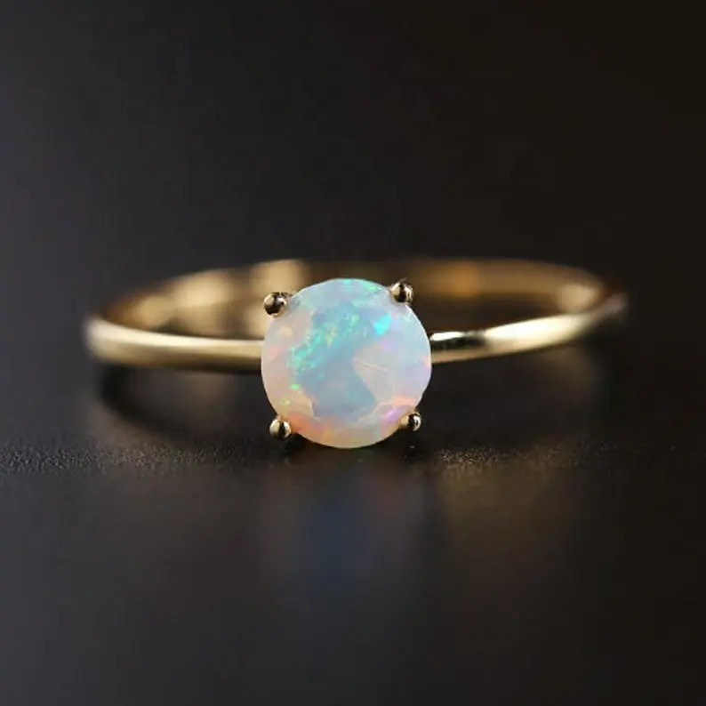 925 Sterling Silver Cute 6mm Ethiopian Fire Opal Round Classic Trendy Stone Ring