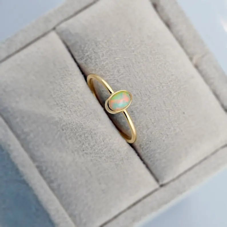 925 Sterling Silver 6x4mm Ethiopian Fire Opal Oval Stone Engagement Stone Ring