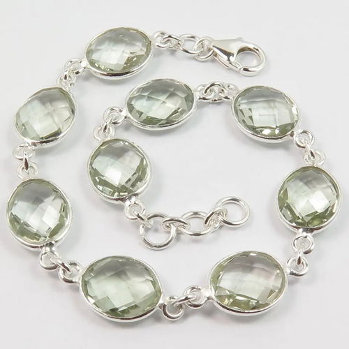 925 Sterling Silver Unique Natural Green Amethyst Both Side Checker Stone Bracelet