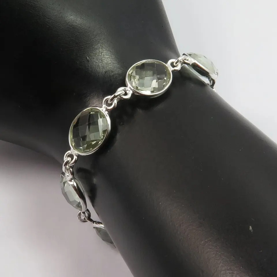 925 Sterling Silver Unique Natural Green Amethyst Both Side Checker Stone Bracelet