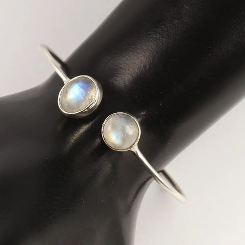 925 Sterling Silver Adjustable Natural Round And Oval Rainbow Moonstone Cuff Bracelet