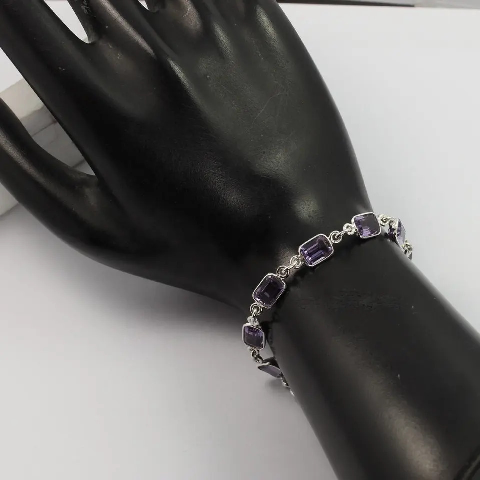 925 Sterling Silver Unique Natural Amethyst Faceted Octagon Stone Bracelet