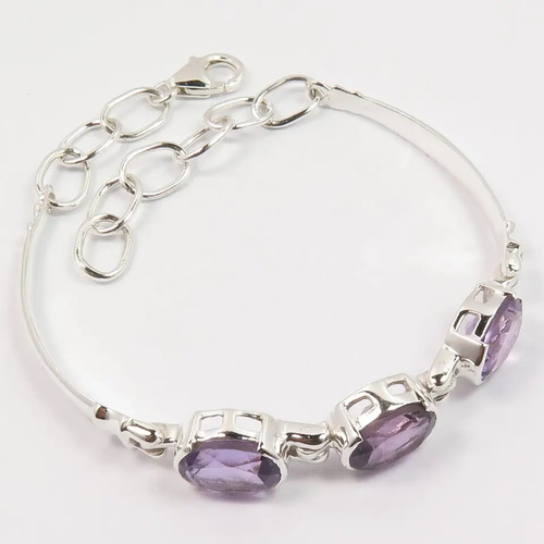 925 Sterling Silver Attractive Natural Amethyst Cuff Style Wedding Bracelet