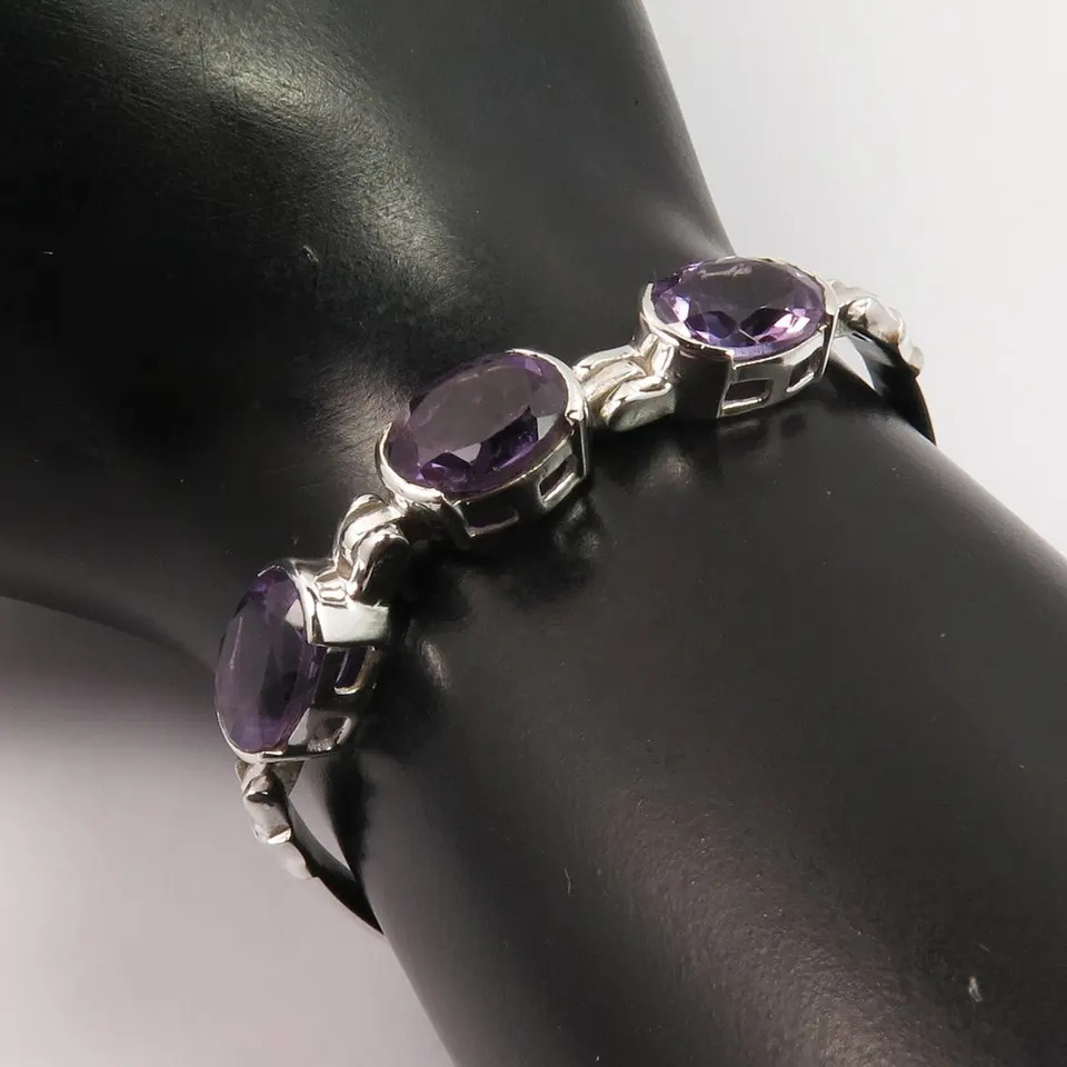 925 Sterling Silver Attractive Natural Amethyst Cuff Style Wedding Bracelet