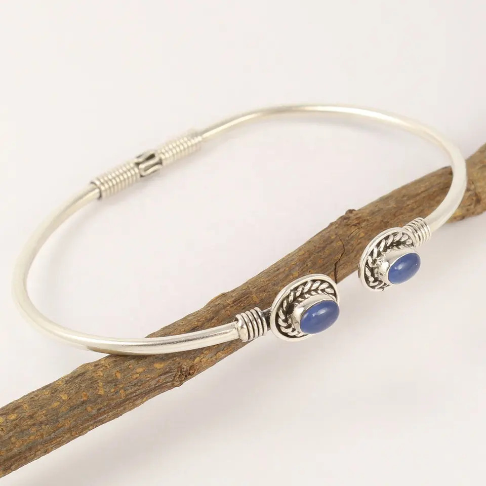 925 Sterling Silver Handcrafted Natural Blue Chalcedony Tiny Cuff Bracelet