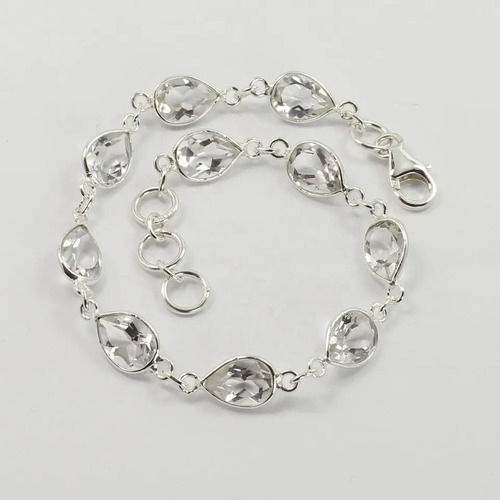 925 Sterling Silver Beautiful Natural Crystal Quartz Faceted Pear Stone Bracelet