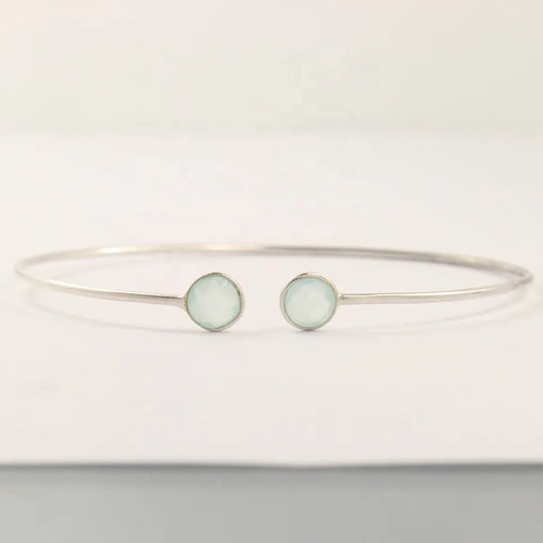 925 Sterling Silver Adjustable Natural Aqua Chalcedony tiny cuff Wire Bracelet