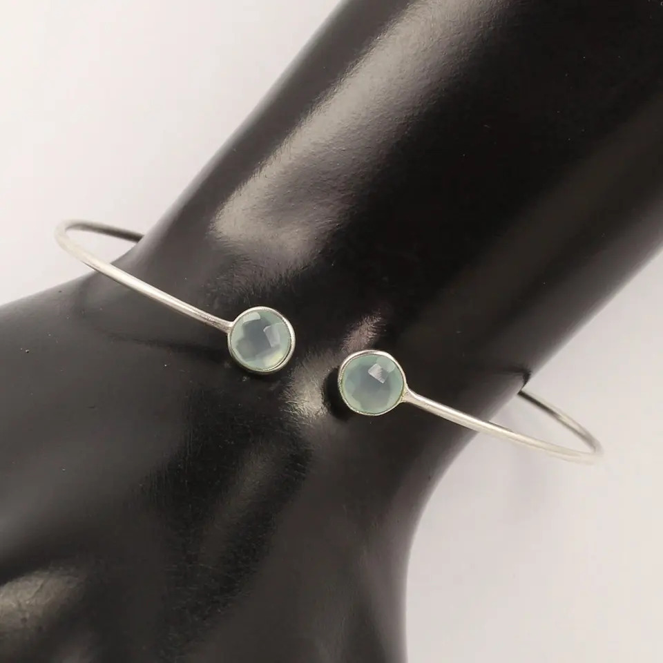 925 Sterling Silver Adjustable Natural Aqua Chalcedony tiny cuff Wire Bracelet
