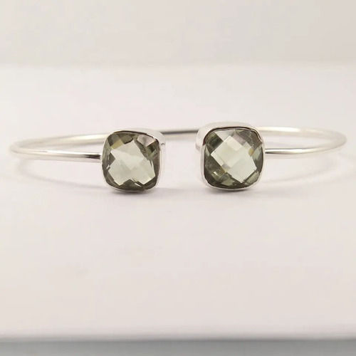 925 Sterling Silver Adjustable Natural Green Amethyst Cuff Wire Bracelet