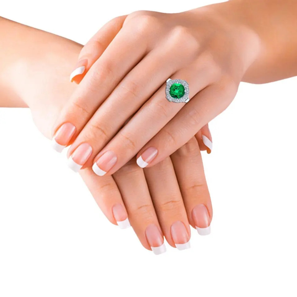 925 Sterling Silver Beautiful Lab Emerald Halo Ring