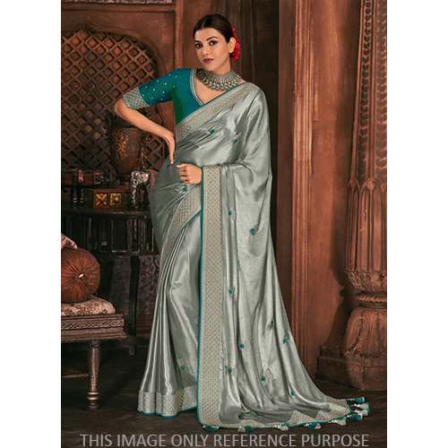 Pewter Grey South Silk Saree With Embroidered Blouse