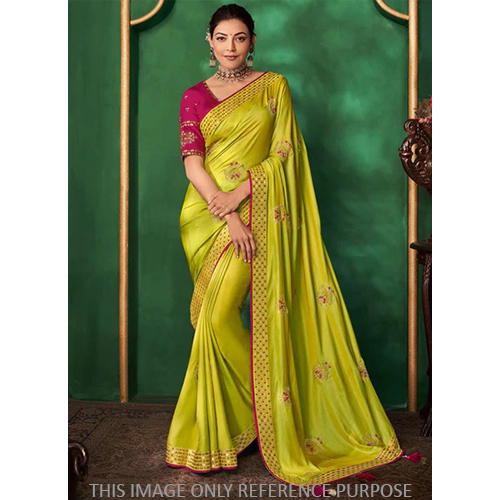 Lime Green South Silk Saree With Embroidered Work Blouse