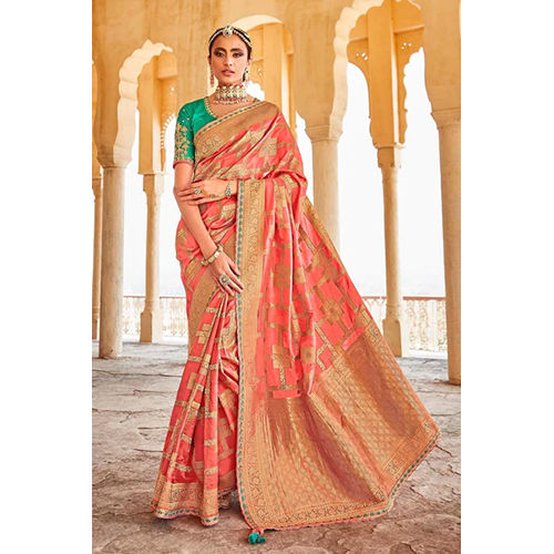 Linen Banarasi Saree with Resham,embroidered,lace border in Peach - SR22389