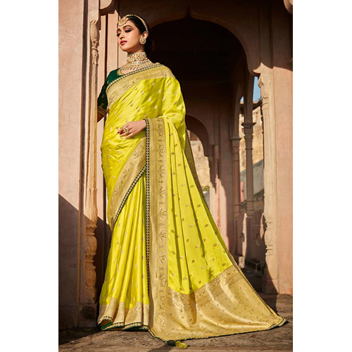 Lime Green Satin Silk Saree