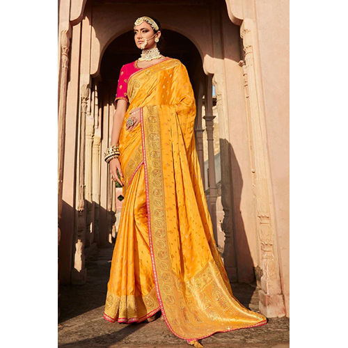 Ethnic Dandelion Yellow Satin Silk Saree