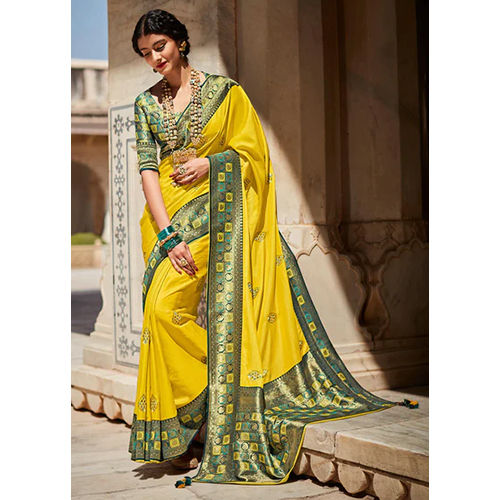 LEMON YELLOW COLOUR SAREE WITH MAROON BORDER AND HEAVY BROCADE BLOUSE –  saraethnic