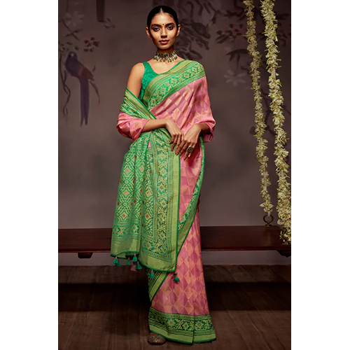 Pink And Green Brasso Silk Saree