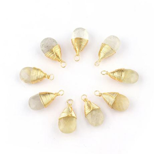 Golden Rutile Gemstone Pear Shape Gold Vermeil Wire Wrapped Charm