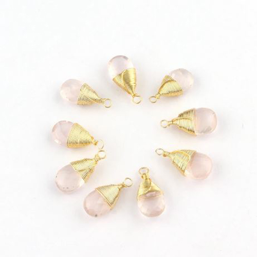 Rose Quartz Gemstone Pear Shape Gold Vermeil Wire Wrapped Charm