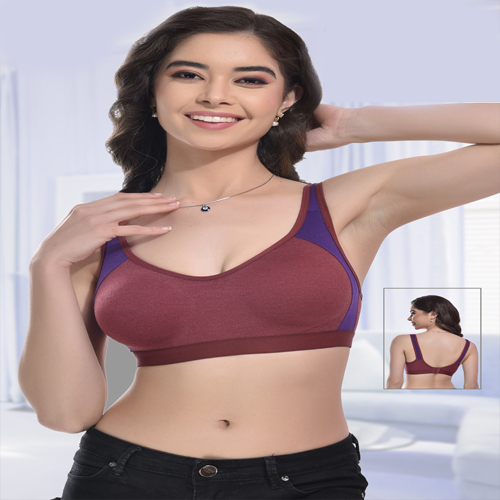 Calgary Full Coverage Bra - Nylon Fabric, Size 32-44, Maroon and Blue Color Combination | No Back Hook Closing, Ideal for Sports and Exercise