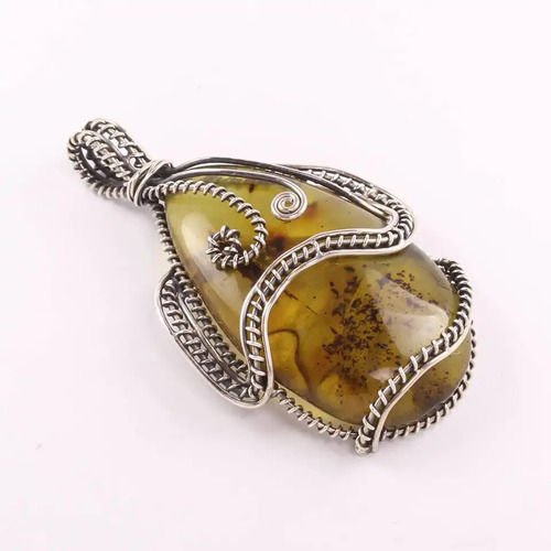 925 Sterling Silver Yellow Amber Pear Tumbled Oxidized Wired Jewelry Pendant