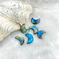 Natural Gemstone Labradorite Jewelry Moon Shaped Crystals Pendants - Sterling Silver, 25 To 30 Mm, Gray & Black With Multi Flash Power, 25 To 30 Grams