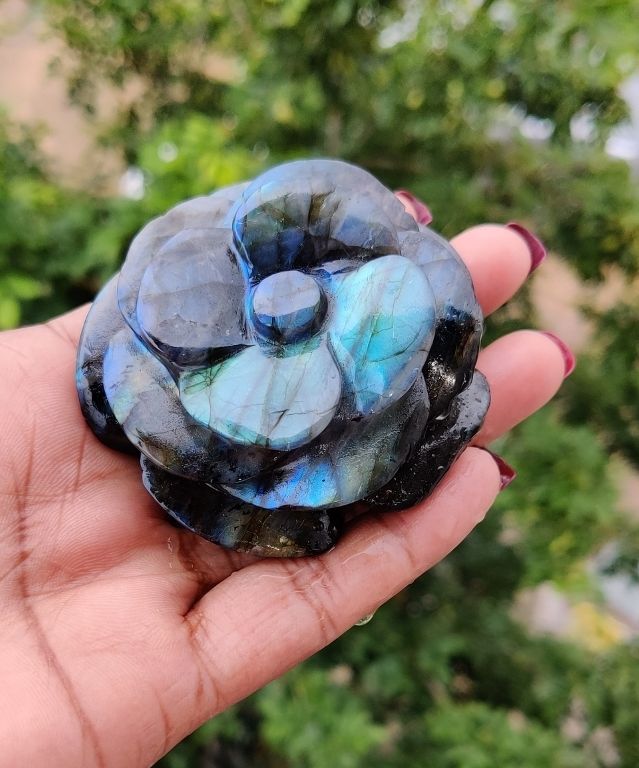 Natural Gemstone Labradorite Carved Flower Crystals Flowers