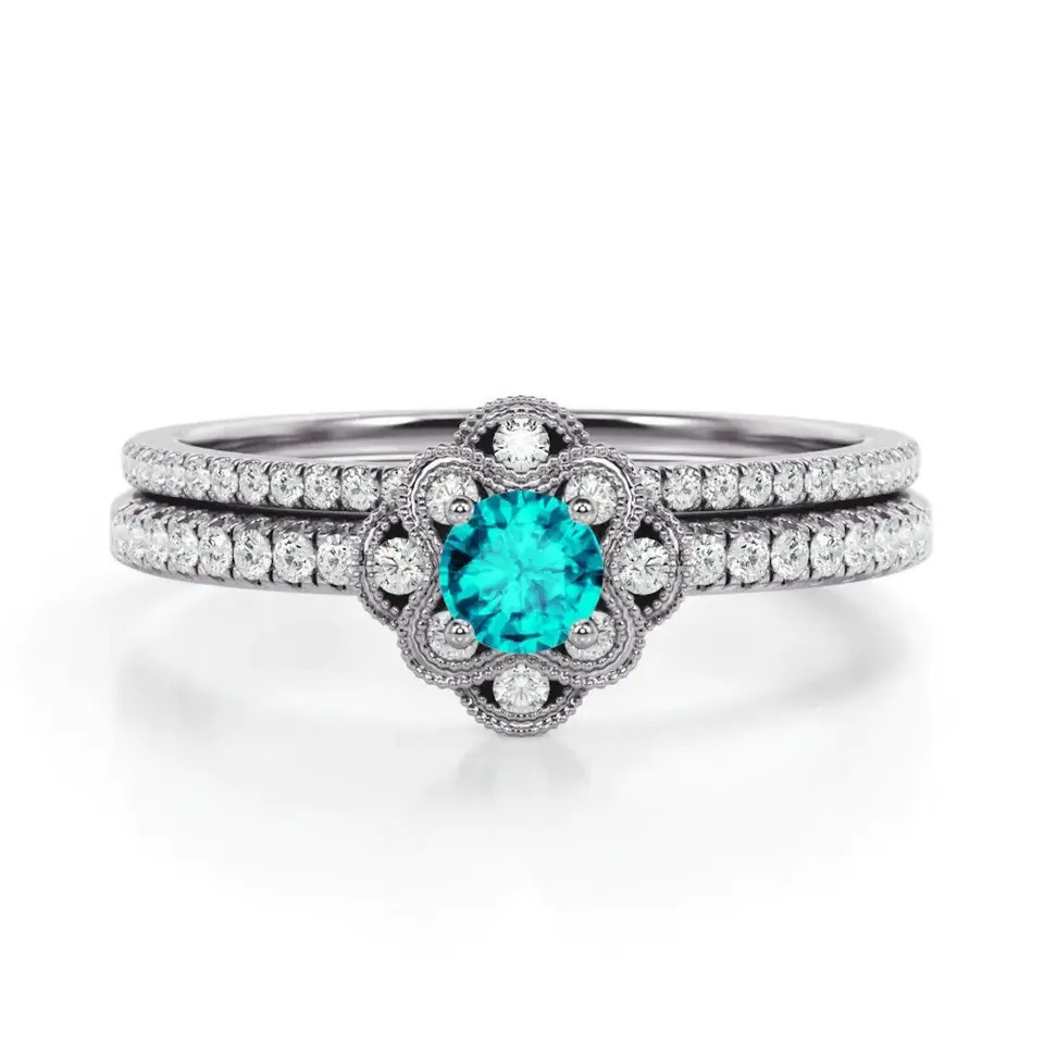 925 Sterling Silver Beautiful Lab Paraiba Tourmaline Engagement Ring