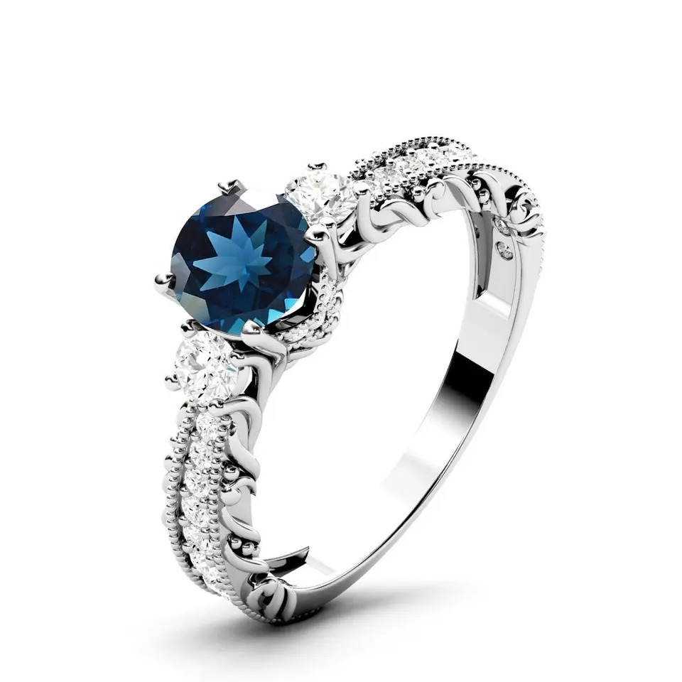 925 Sterling Silver Beautiful Natural London Blue Topaz Vintage Filigree Ring