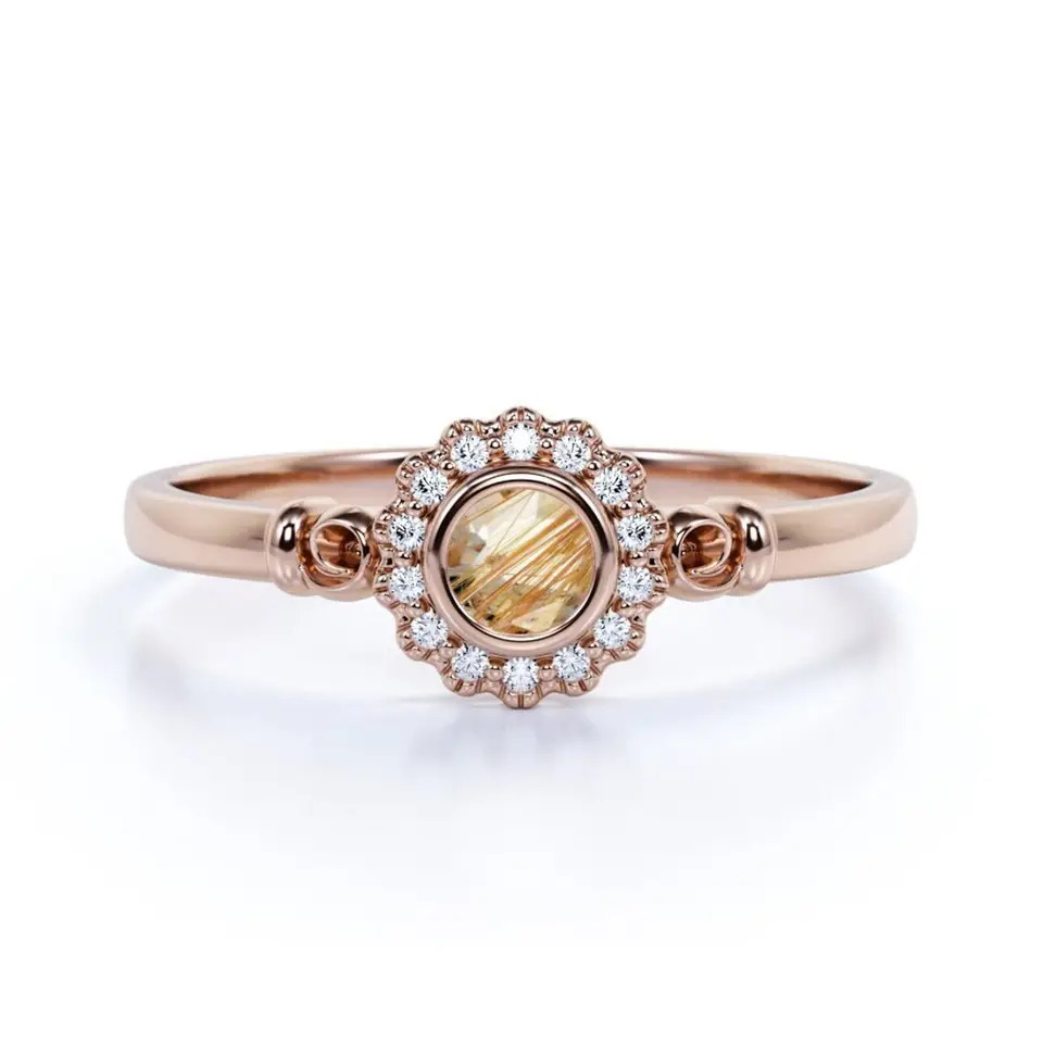 925 Sterling Silver Unique Natural Golden Rutile Engagement Ring