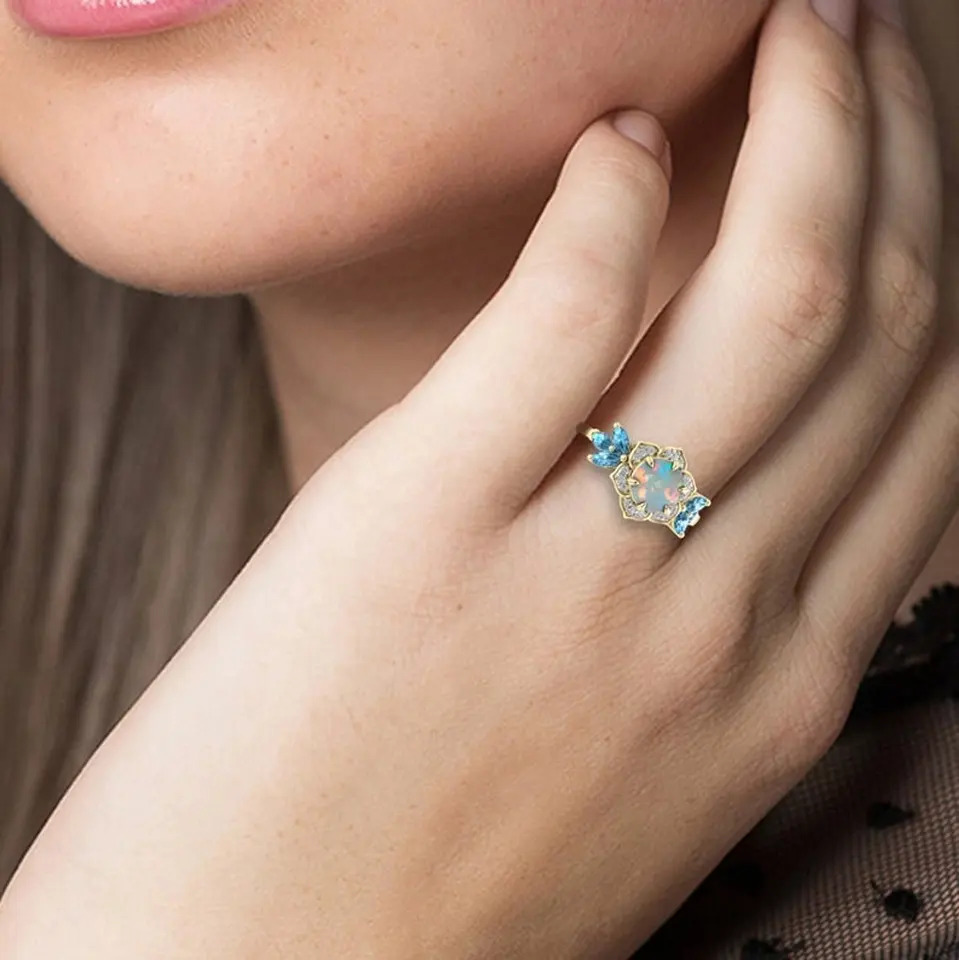 925 Sterling Silver Beautiful White Fire Ethiopian Opal Engagement Ring