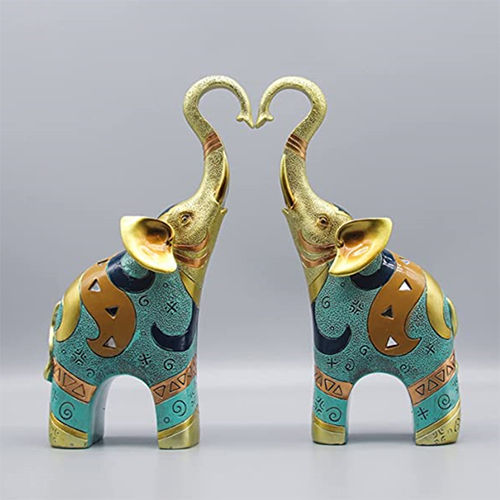 Multicolor Decorative Elephants Pair Marble Statue