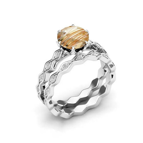 925 Sterling Silver Attractive Natural Golden Rutilated Quartz Engagement Ring