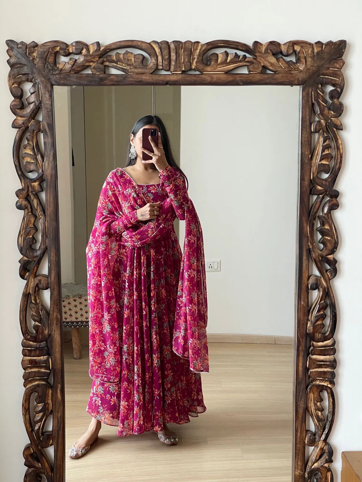 Flower  Printed Anarkali Peturn Gown With Printed Less Border Dupatta