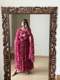 Flower  Printed Anarkali Peturn Gown With Printed Less Border Dupatta