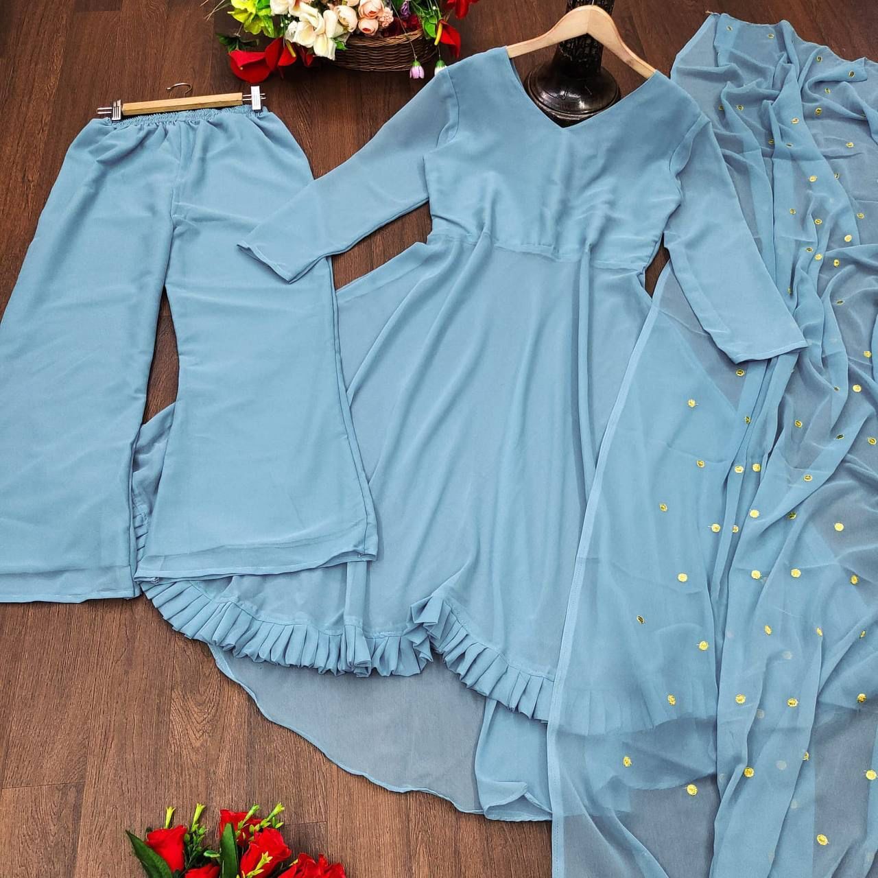 NEW ANARKALI GOWN PENT DUPATTA SET