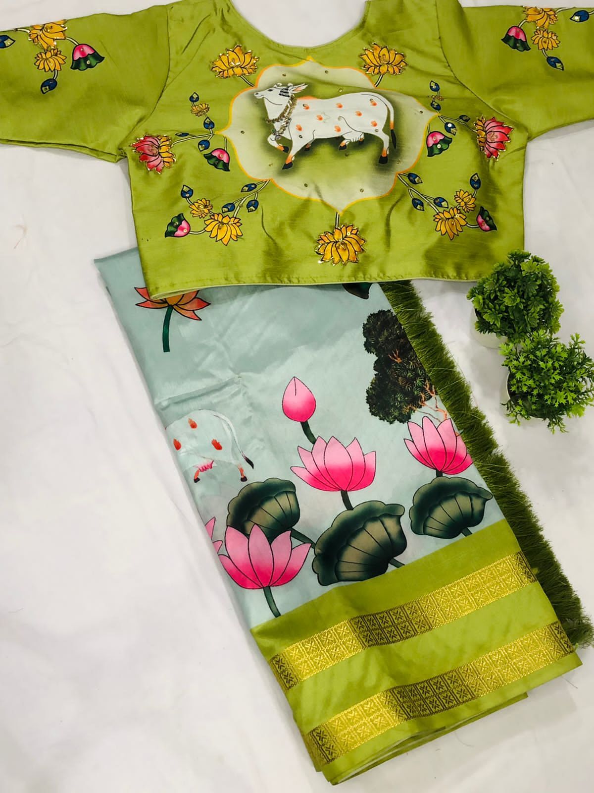 Pichwai Gadwal Pattu Kalmkari Digital Print Designer Saree