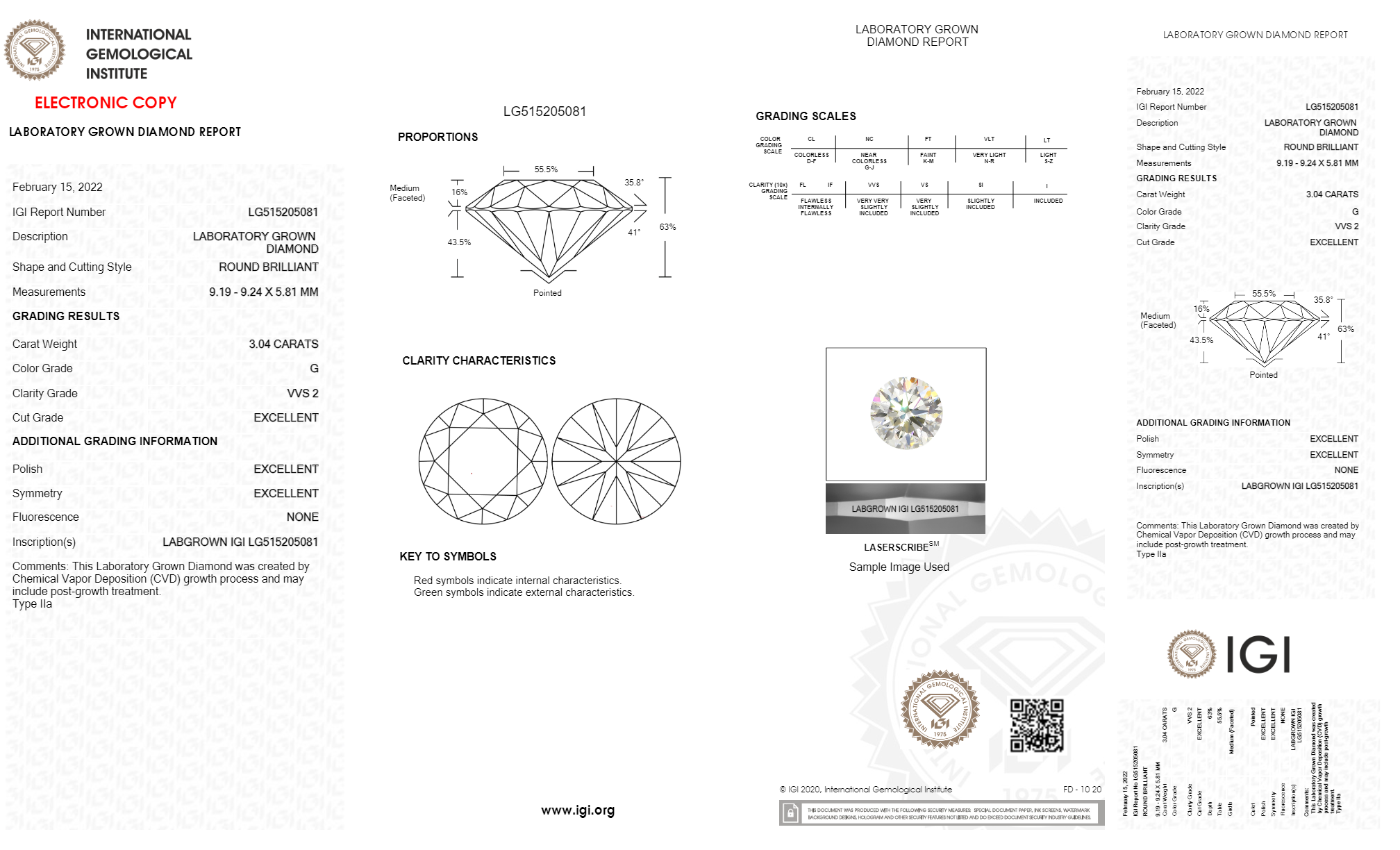 ROUND 3.04ct G VVS2 CVD Certified Lab Grown Diamond 515205081