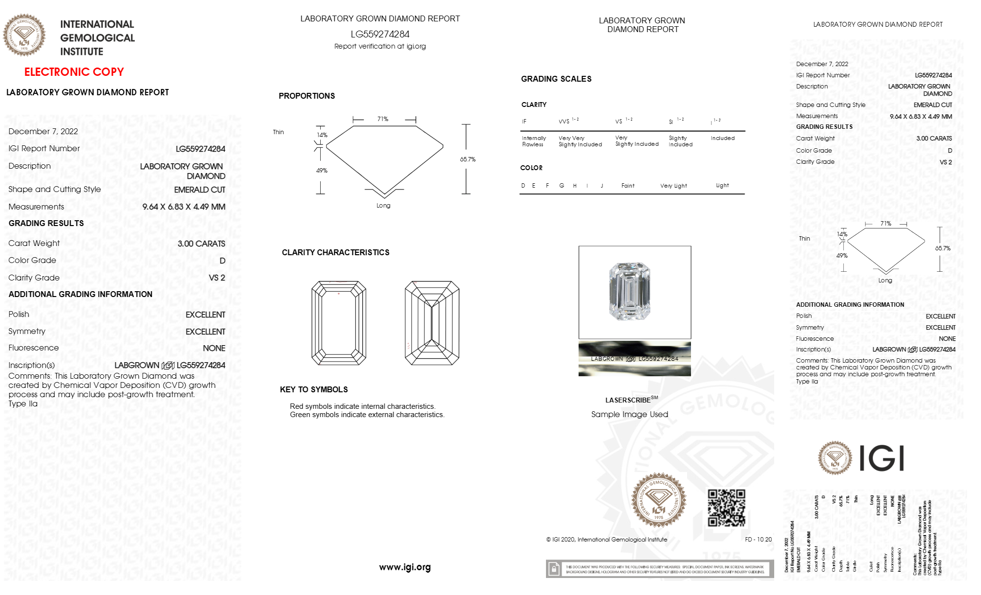 EMERALD 3ct D VS2 CVD Certified Lab Grown Diamond 559274284