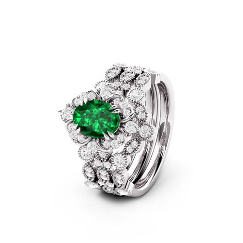 925 Sterling Silver Unique Lab Emerald Bridal Promise Ring