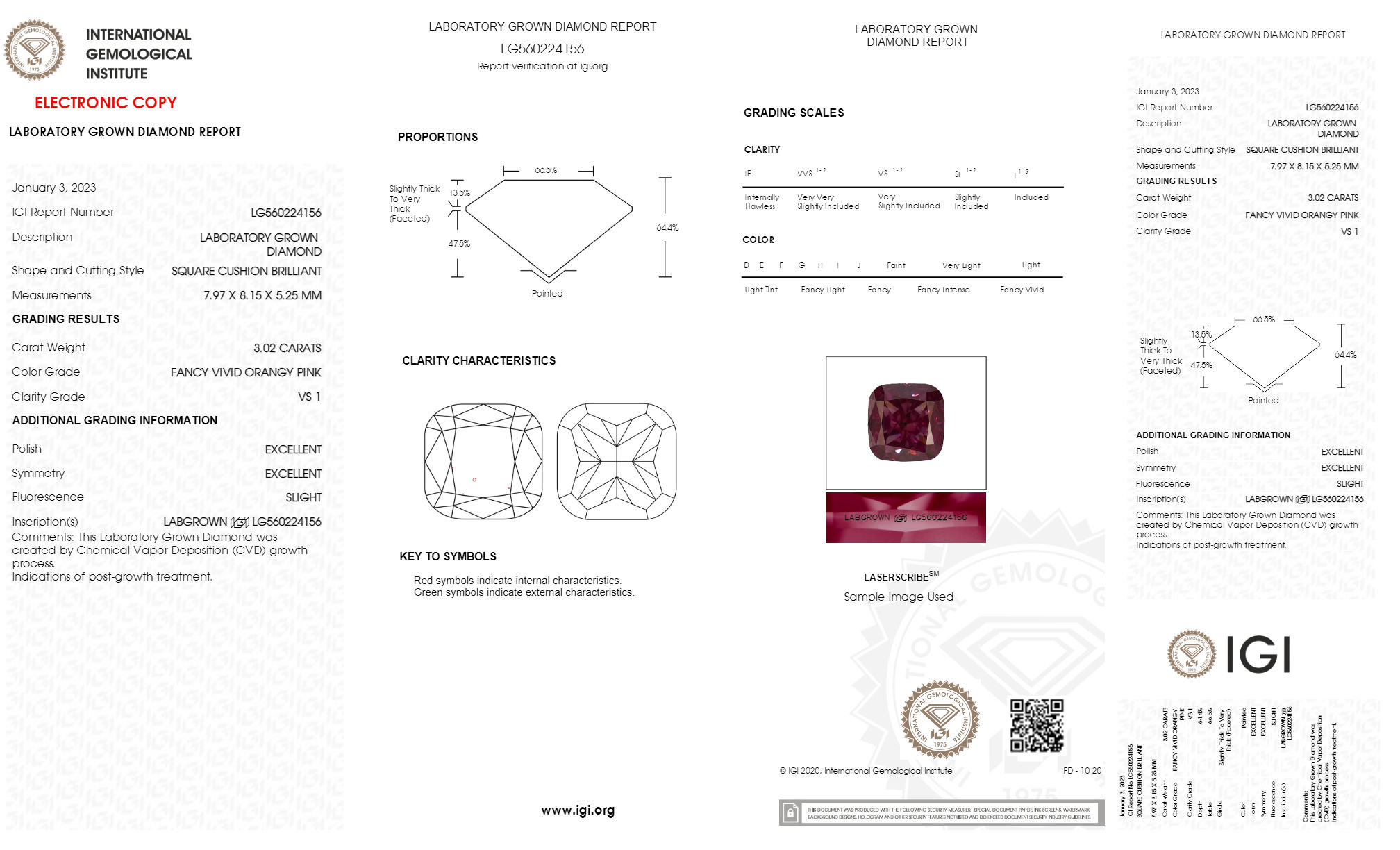 CUSHION 3.02t VIVIDORANGYPINK VS1 CVD Certified Lab Grown Diamond 560224156